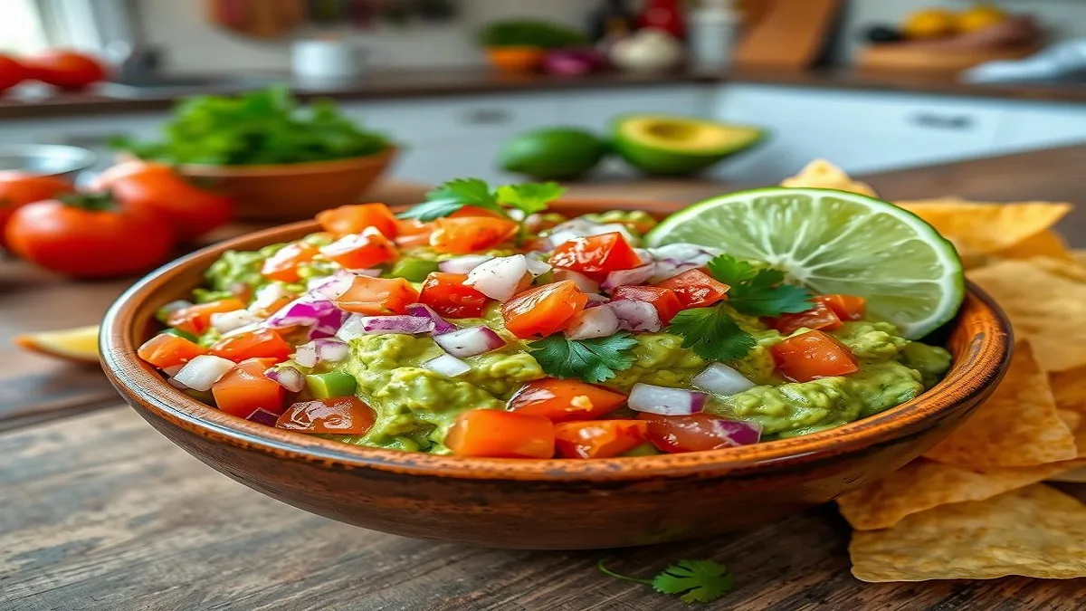 Bowl of fresh guacamole topped with cilantro, served with tortilla chips.