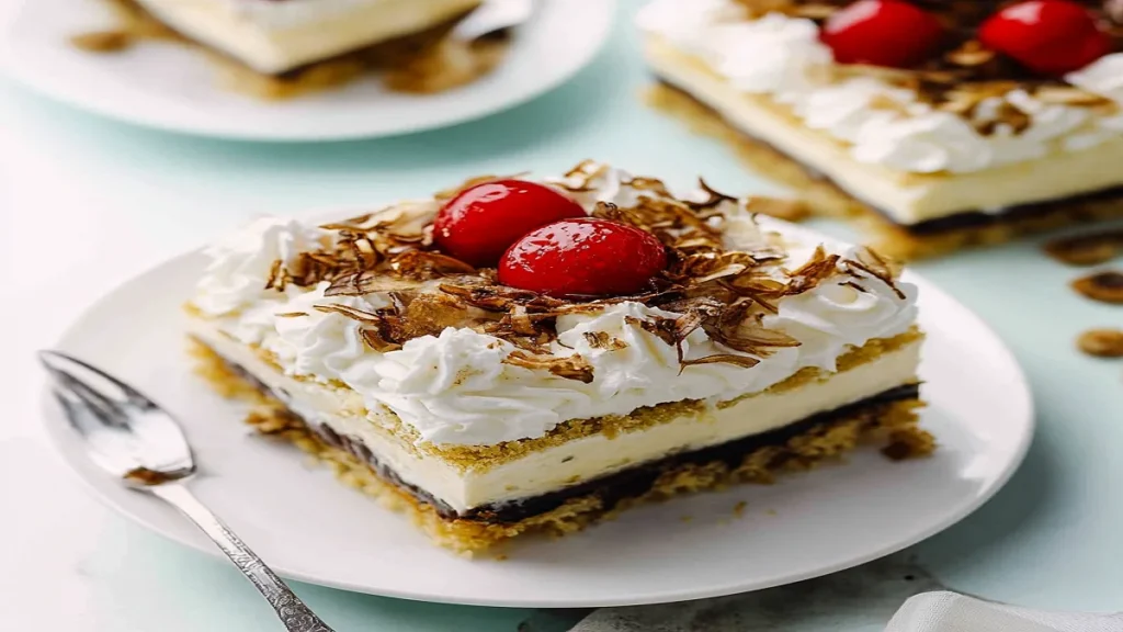 Banana split cake with whipped topping and chocolate drizzle