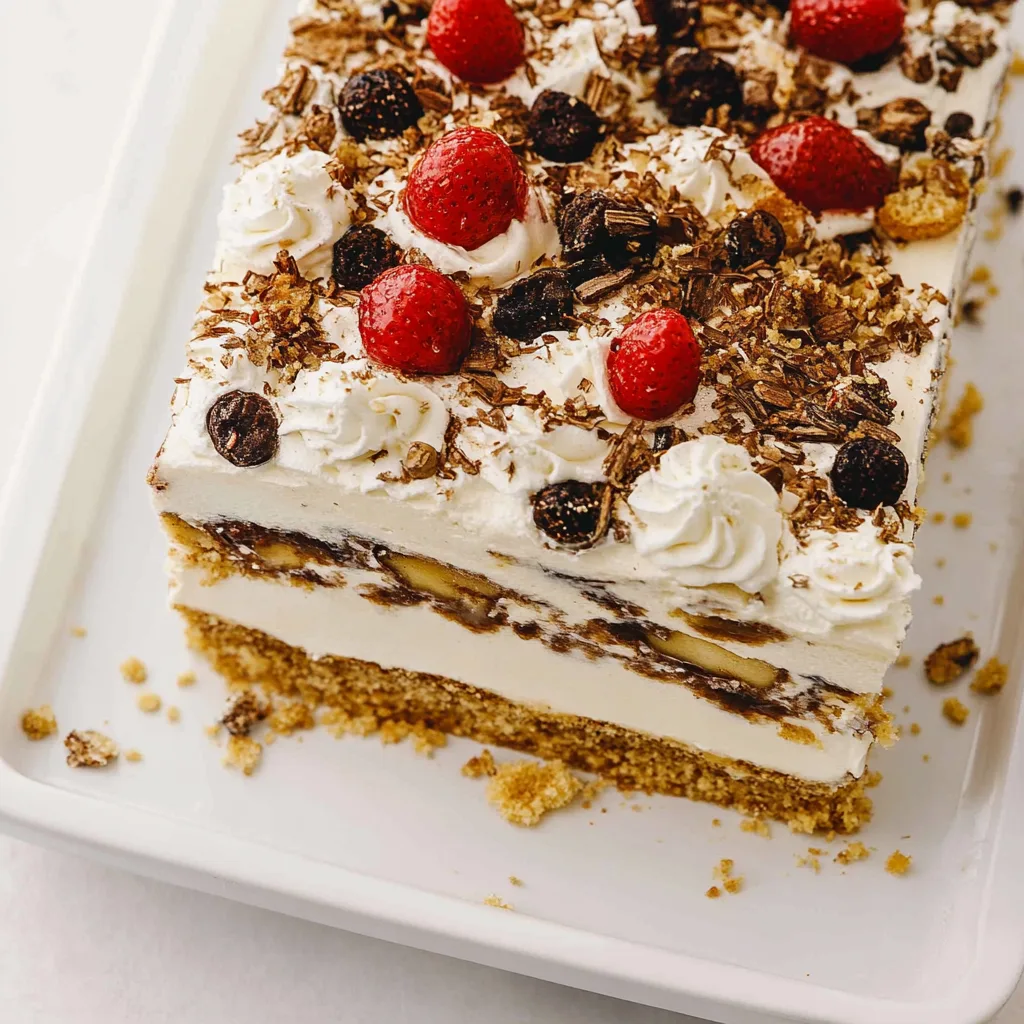 Banana split cake with whipped topping and chocolate drizzle