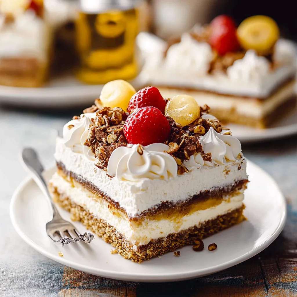 Banana split cake with whipped topping and chocolate drizzle