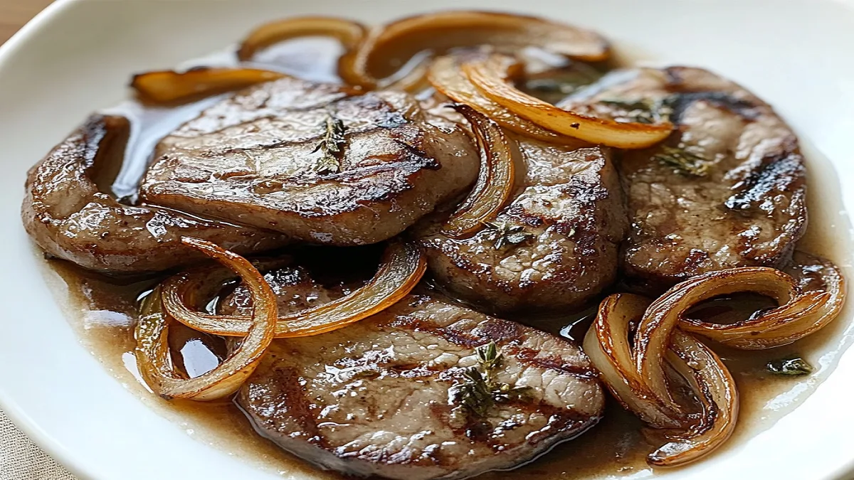 Plate of tender, juicy beef liver cooked with onions and herbs