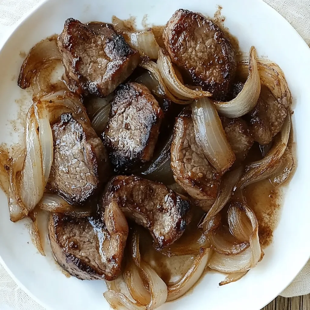 Plate of tender, juicy beef liver cooked with onions and herbs