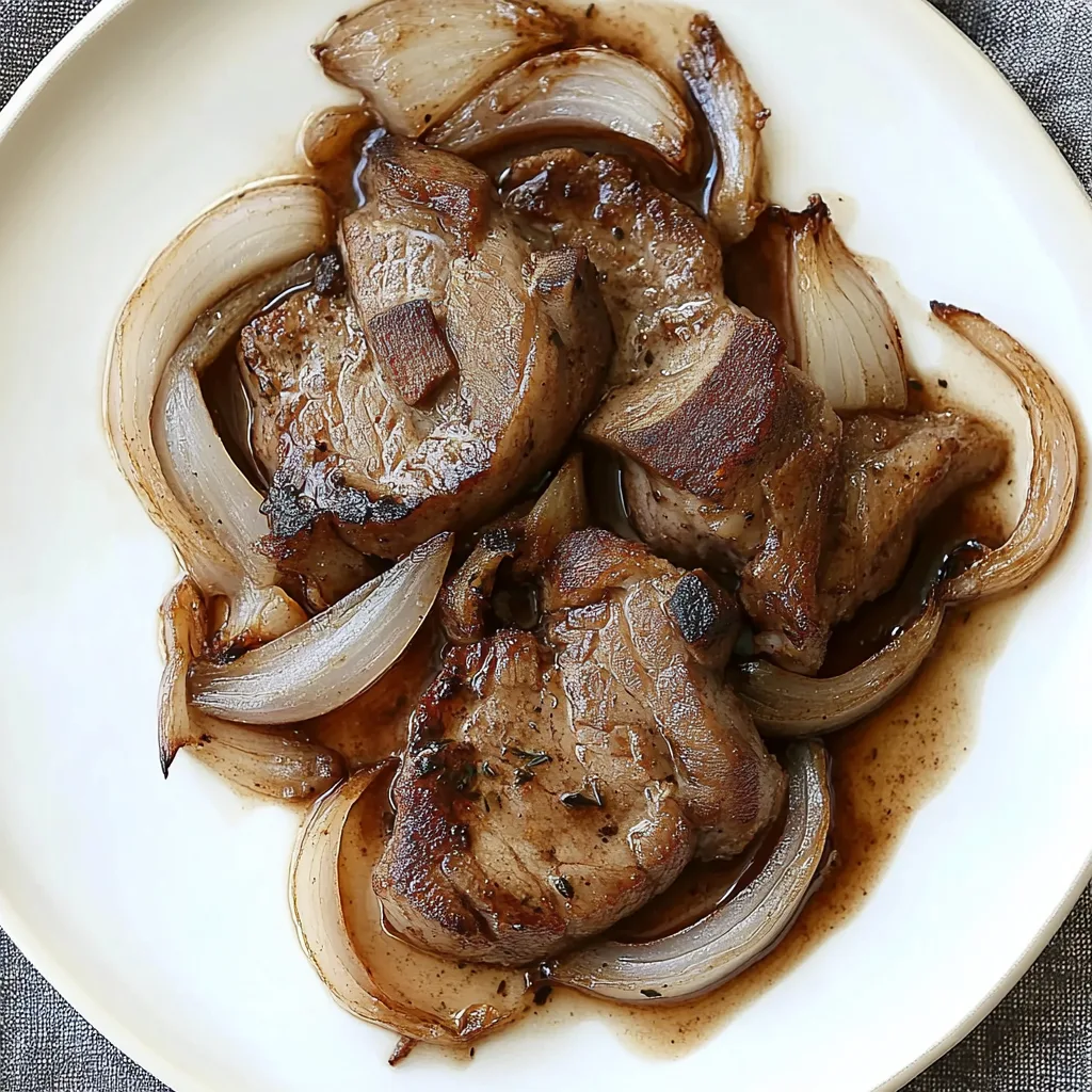 Plate of tender, juicy beef liver cooked with onions and herbs