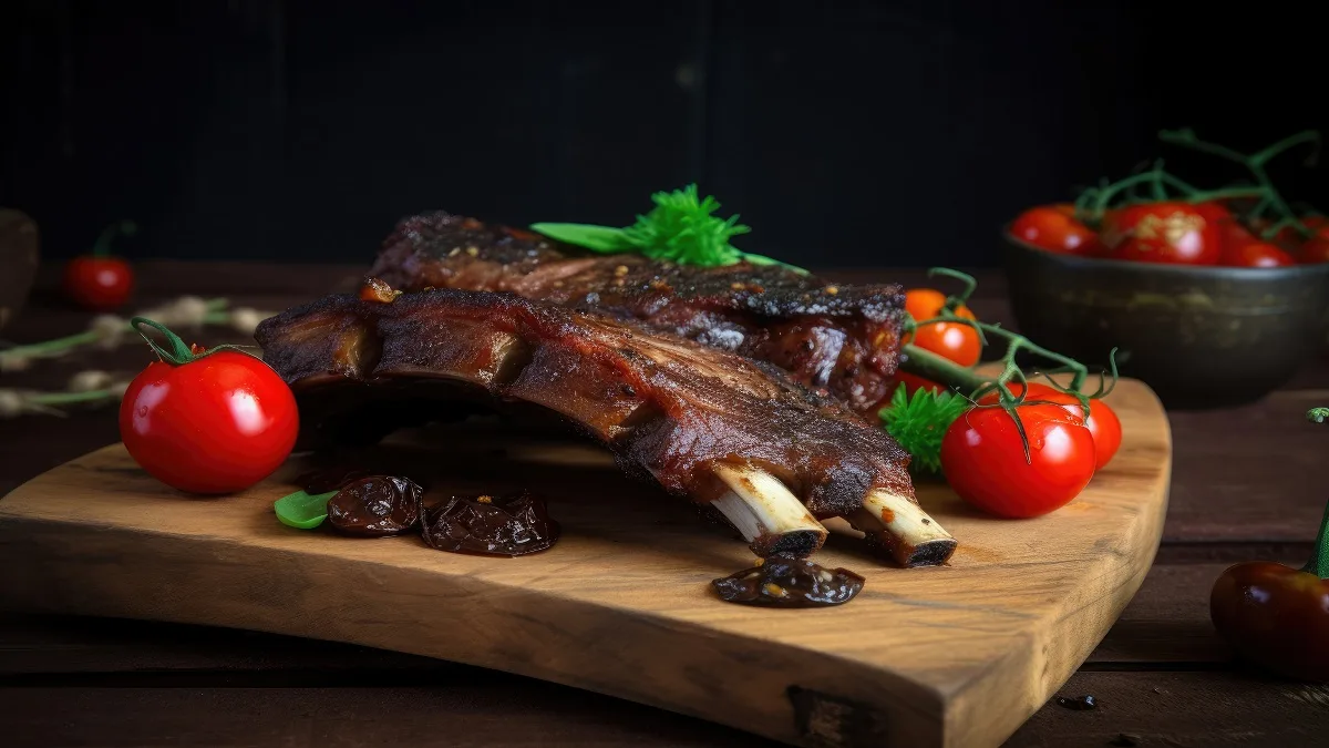 Juicy beef back ribs glazed with BBQ sauce on a serving platter