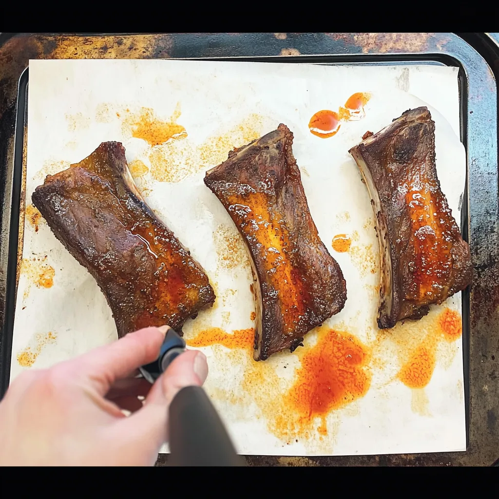 Juicy beef back ribs glazed with BBQ sauce on a serving platter