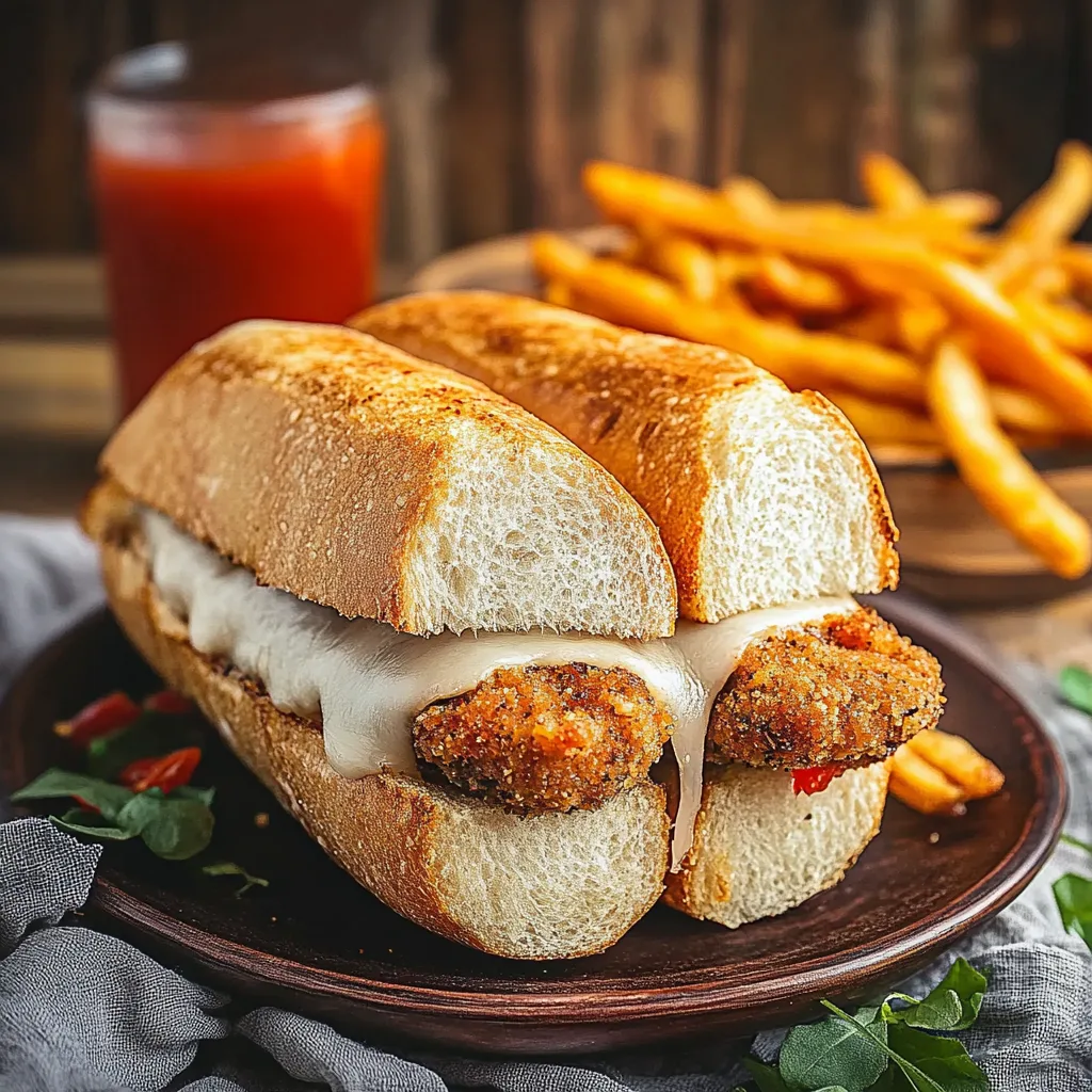 Golden chicken parm sandwich with melted cheese and marinara sauce