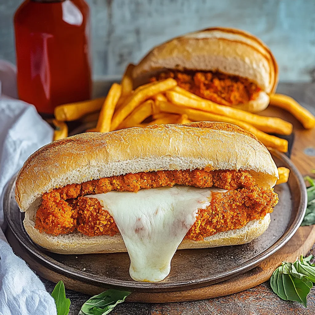 Golden chicken parm sandwich with melted cheese and marinara sauce