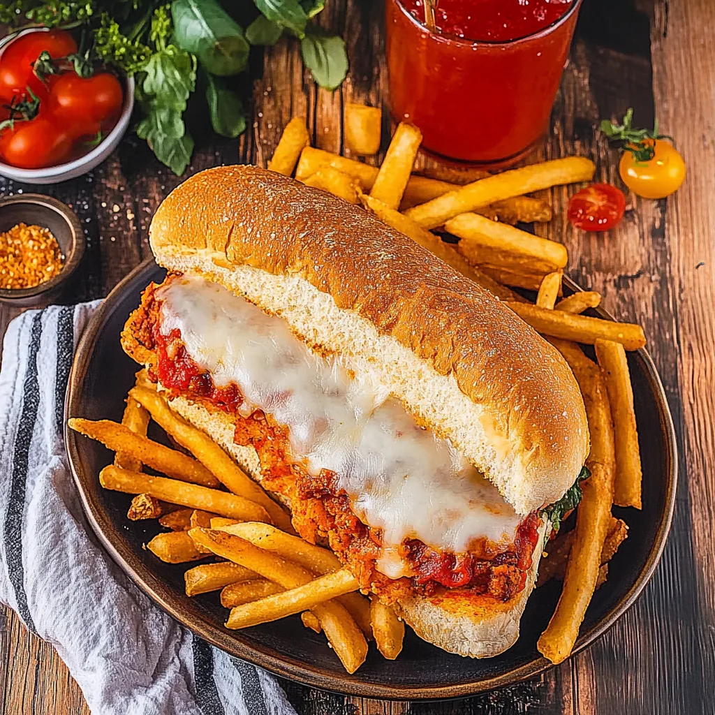 Golden chicken parm sandwich with melted cheese and marinara sauce