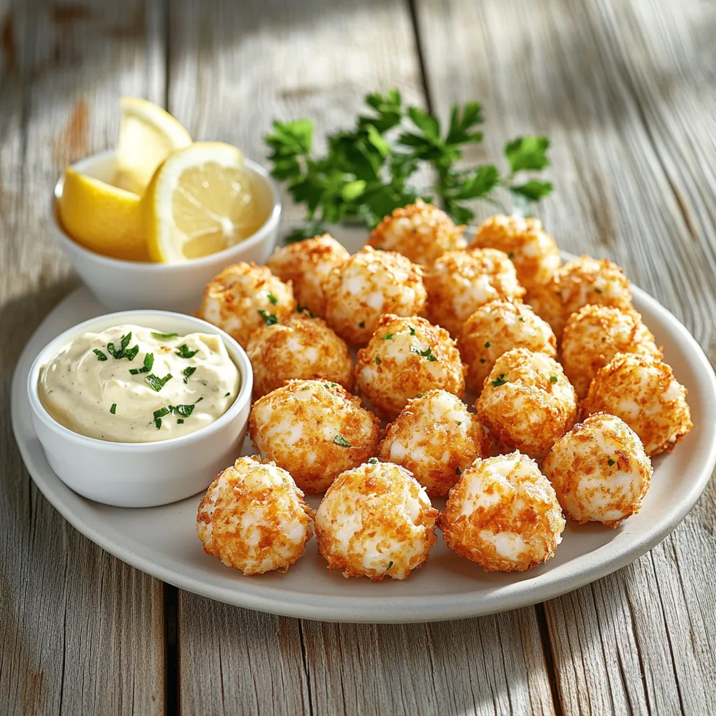 Crab balls served on a platter with aioli dipping sauce, lemon wedges, and parsley.