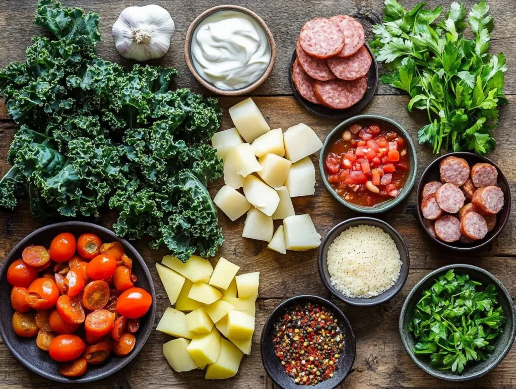 Ingredients for swamp soup including kale, sausage, beans, tomatoes, heavy cream, and spices arranged on a wooden countertop.