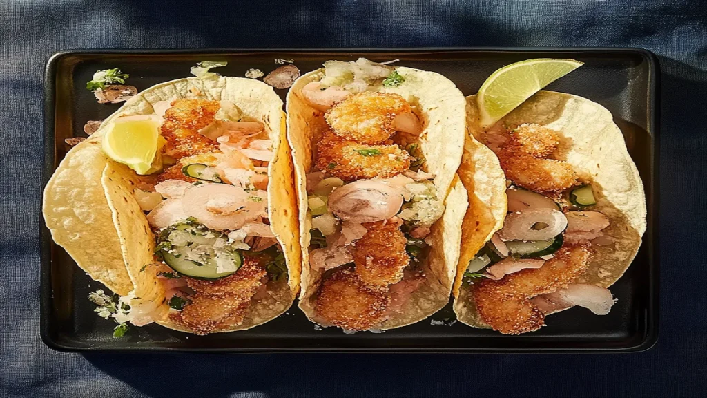 Crispy fried shrimp tacos topped with slaw and lime sauce in tortillas.