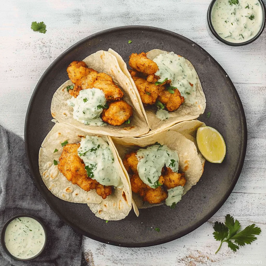 Crispy fried shrimp tacos topped with slaw and lime sauce in tortillas.