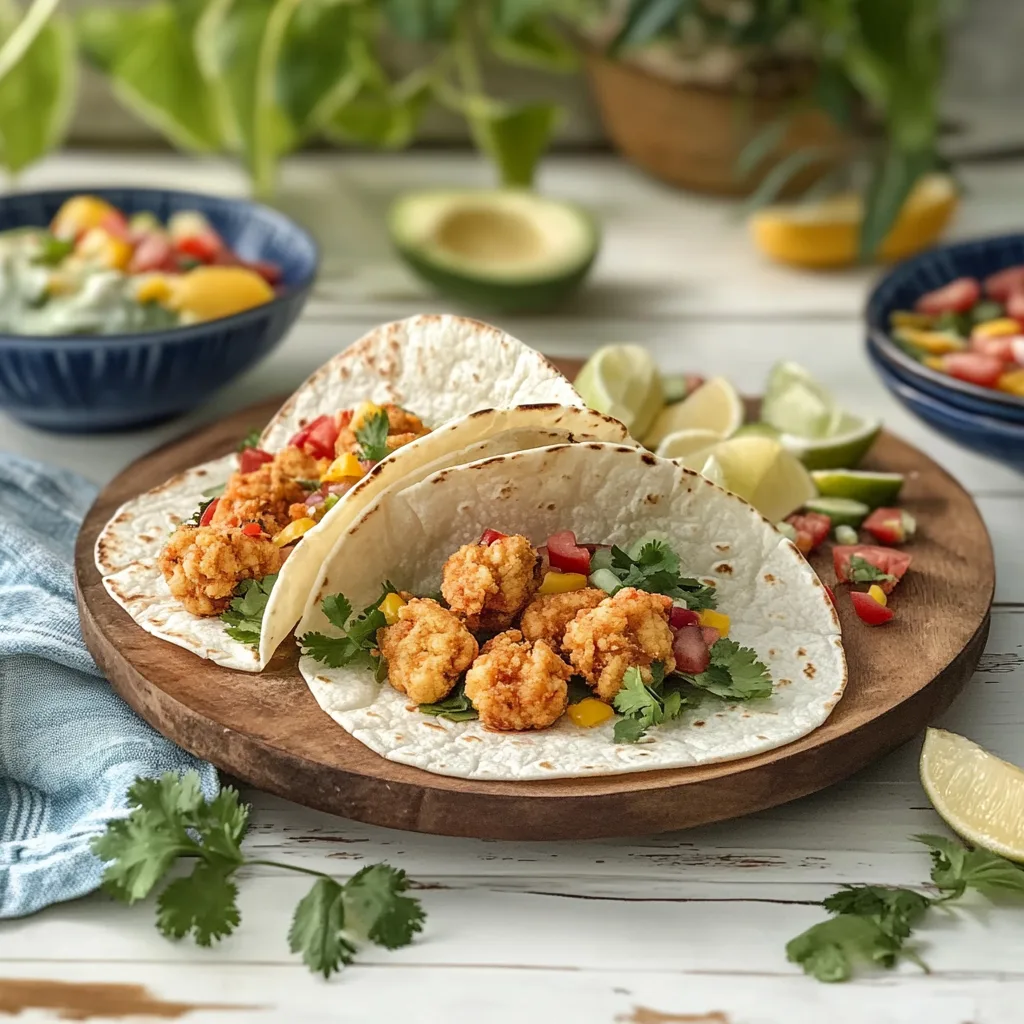 Crispy fried shrimp tacos topped with slaw and lime sauce in tortillas.