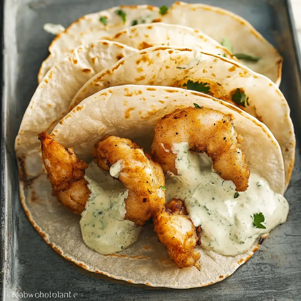 Crispy fried shrimp tacos topped with slaw and lime sauce in tortillas.