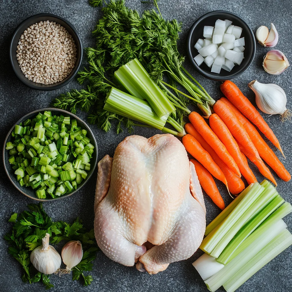 Bowl of Grandma’s chicken soup with vegetables and herbs.