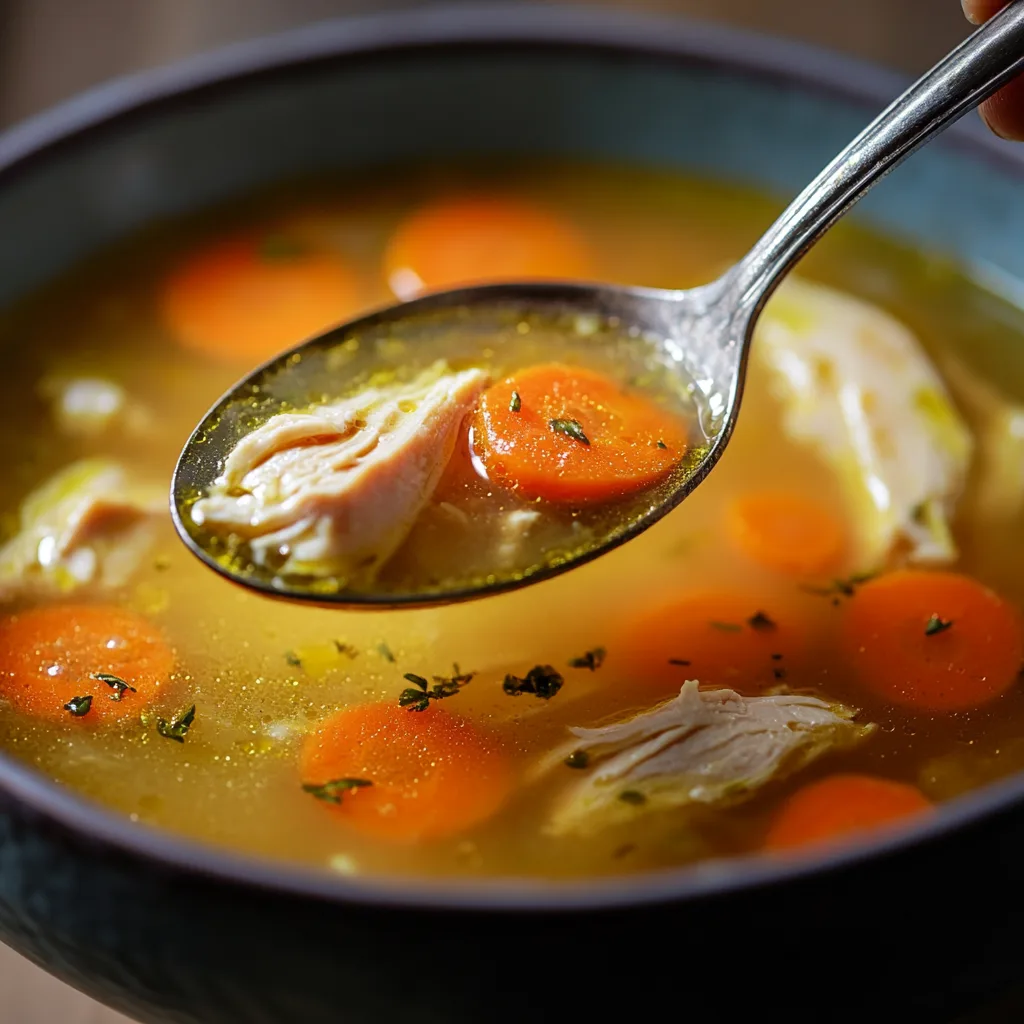 Bowl of Grandma’s chicken soup with vegetables and herbs.