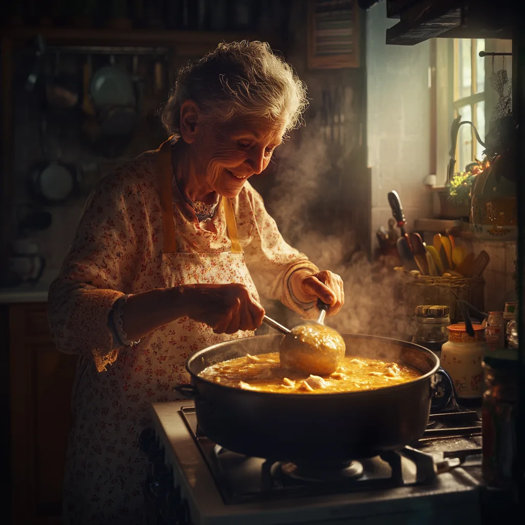 Bowl of Grandma’s chicken soup with vegetables and herbs.