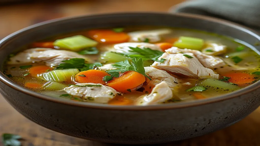 Bowl of Grandma’s chicken soup with vegetables and herbs.