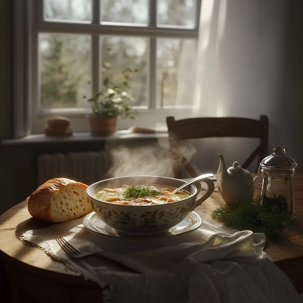 Bowl of Grandma’s chicken soup with vegetables and herbs.