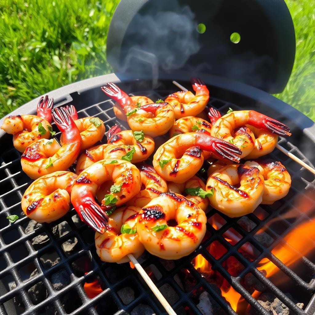 Grilled shrimp on a barbecue