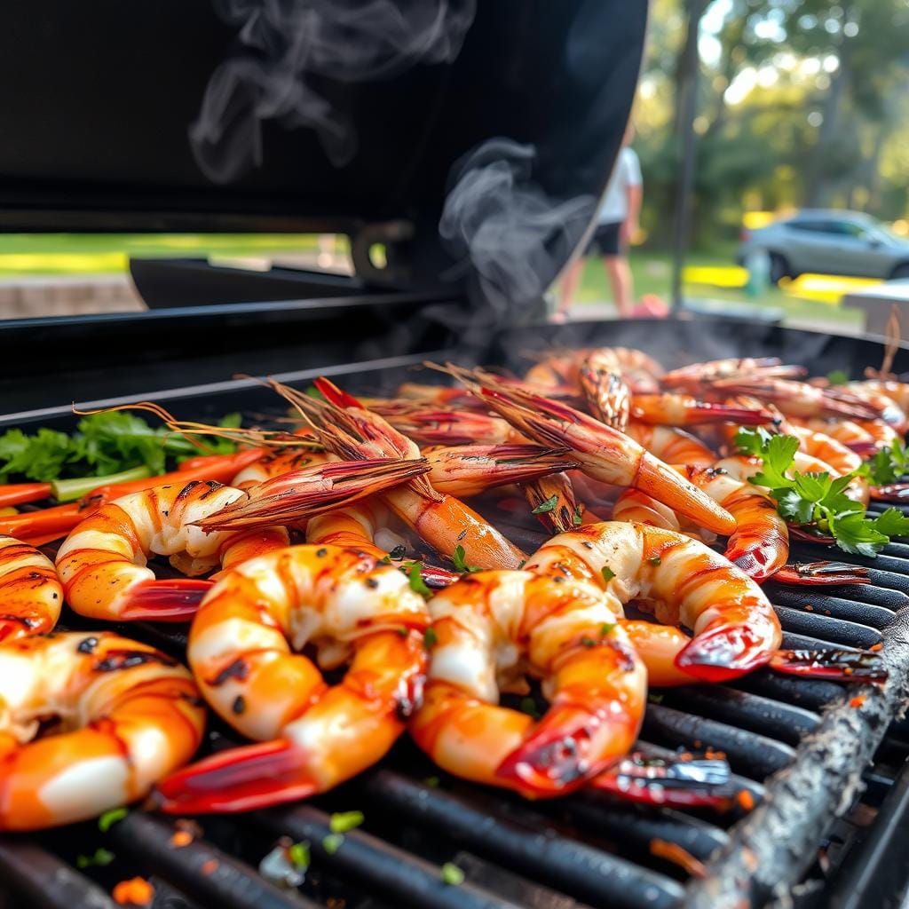 Grilled shrimp on a barbecue