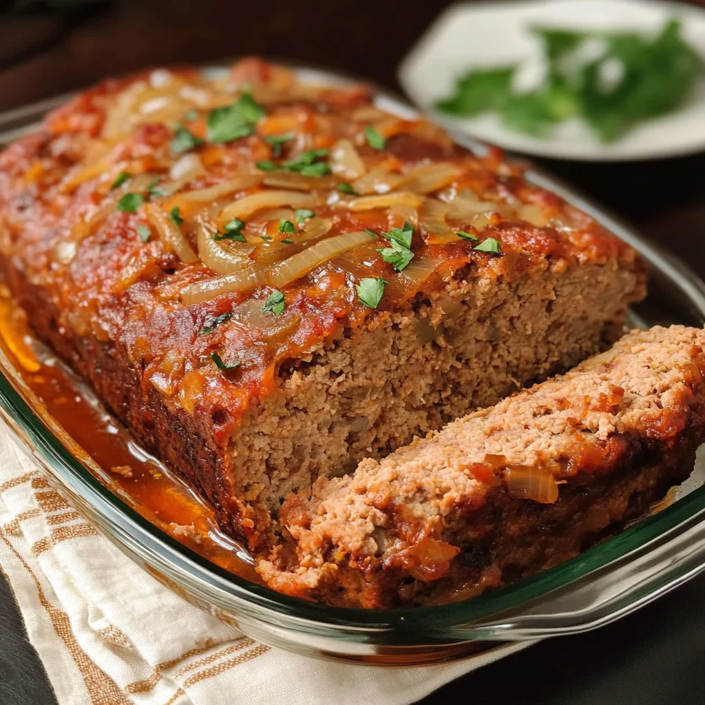 A sliced Lipton Onion Soup meatloaf garnished with fresh parsley.