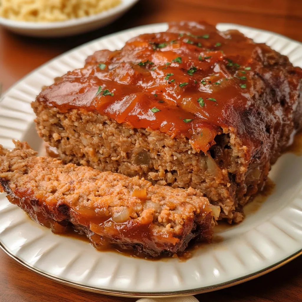 A sliced Lipton Onion Soup meatloaf garnished with fresh parsley.