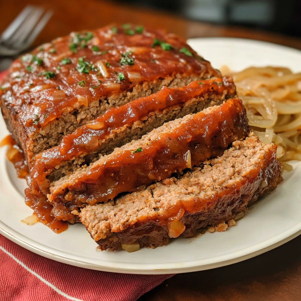 A sliced Lipton Onion Soup meatloaf garnished with fresh parsley.