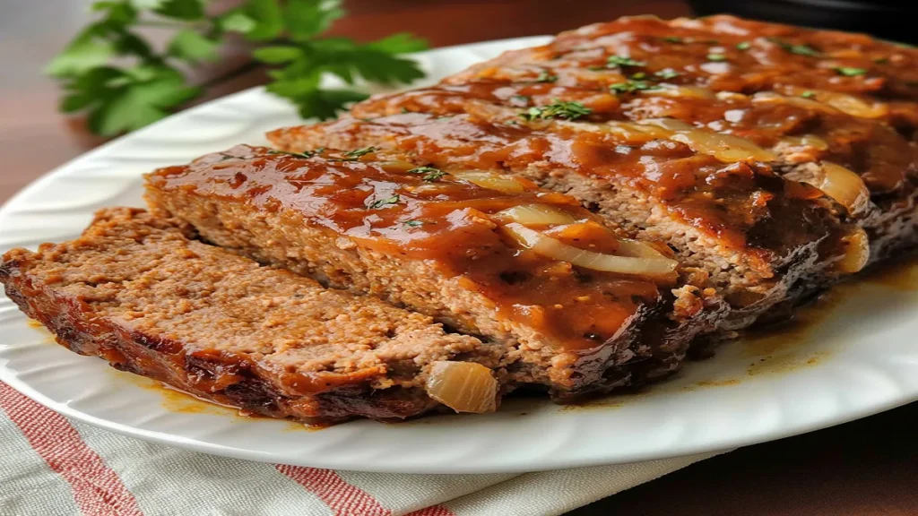 A sliced Lipton Onion Soup meatloaf garnished with fresh parsley.