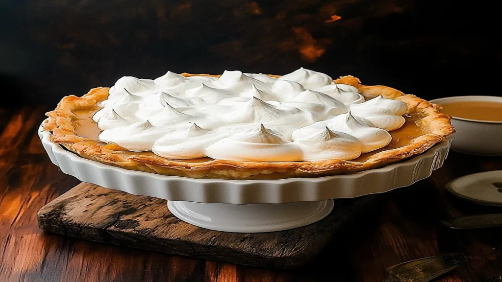 Golden Milk Bar pumpkin pie with a caramelized top and crumbly crust, set on a rustic wooden table with fall decor.