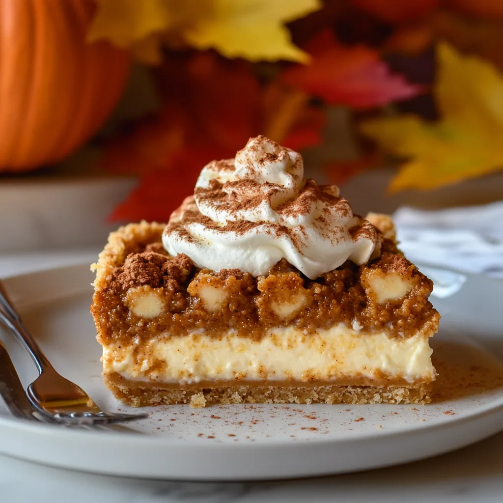 A slice of Milk Bar pumpkin pie with whipped cream and cinnamon, served on a white plate with a fork on the side.
