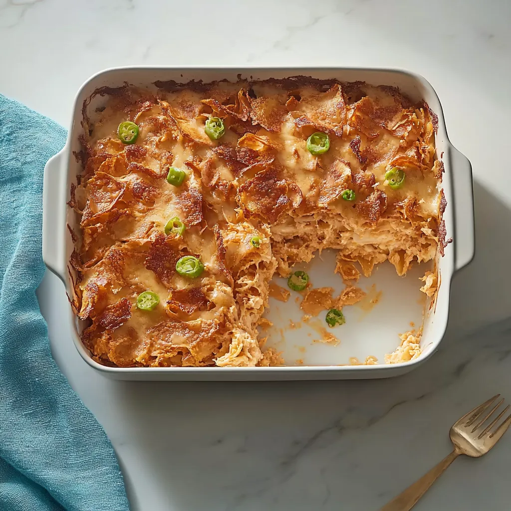 Million Dollar Chicken Casserole topped with melted cheese and a crispy cracker crust