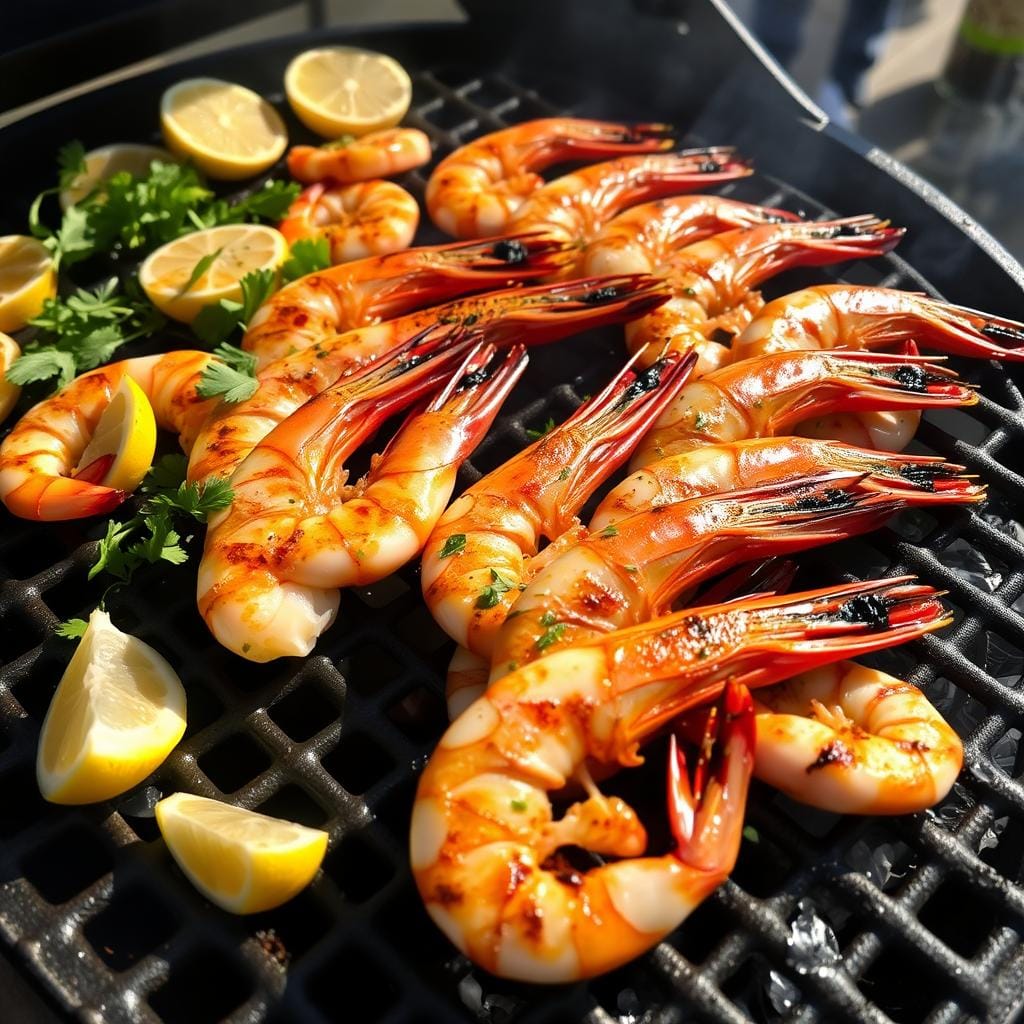 Perfectly grilled shrimp on a barbecue