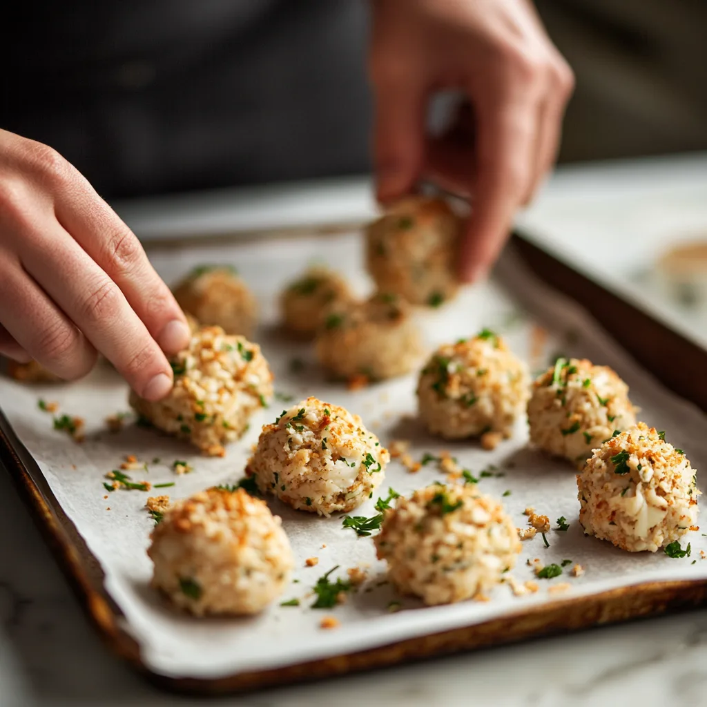 Preparing crab balls from fresh crab mixture.