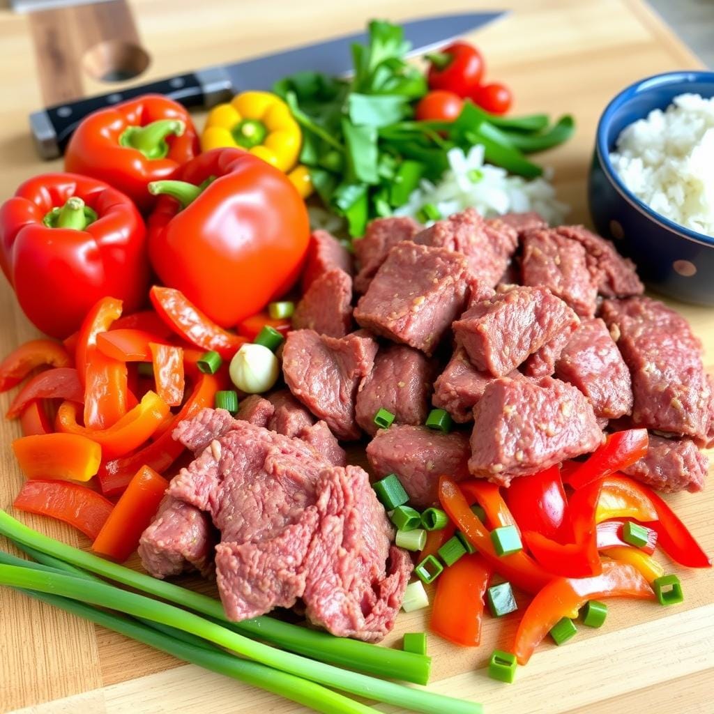 Preparing ingredients for steak fried rice