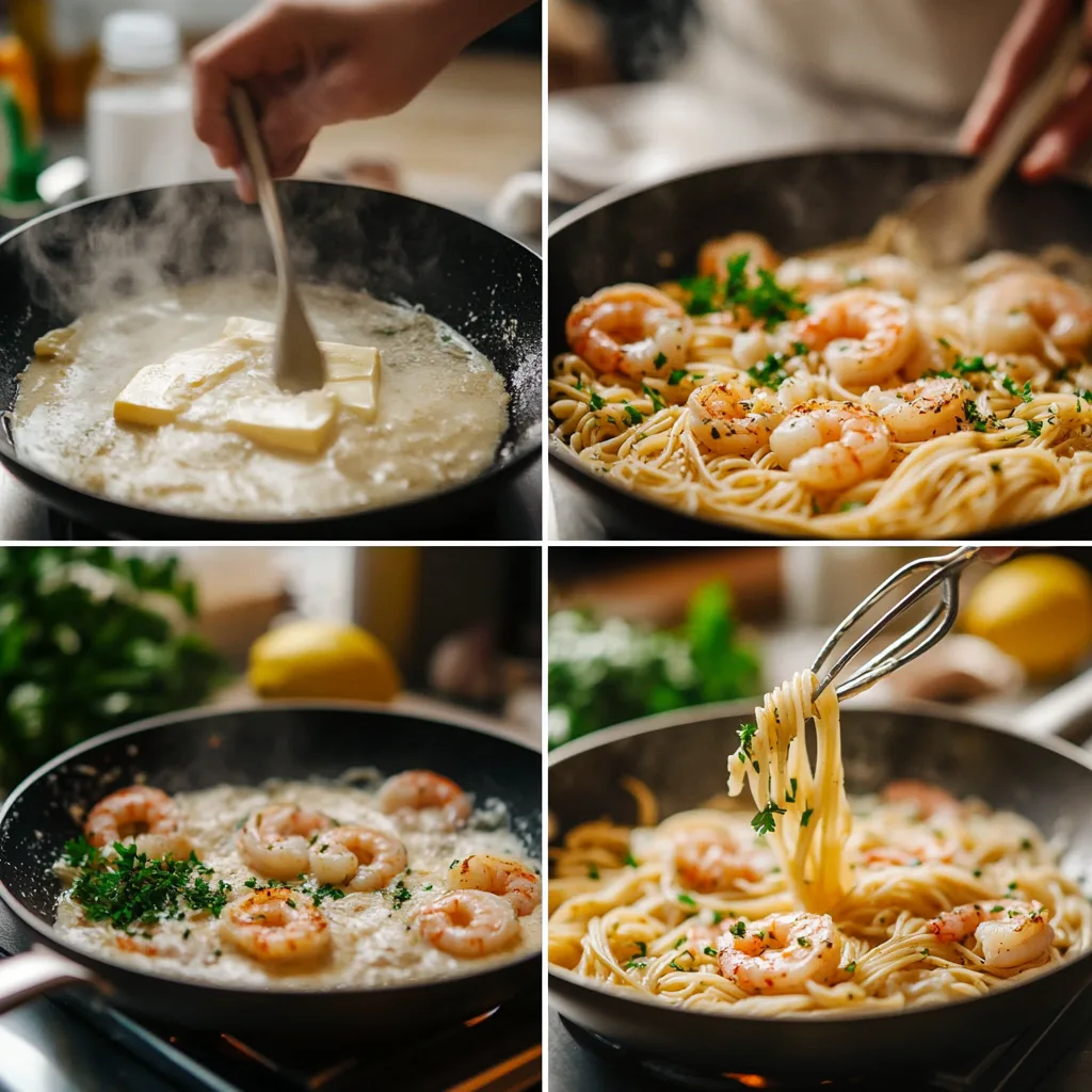 A collage showing the cooking process of cebolla ensalada recipe: sautéing garlic, cooking shrimp, tossing pasta in sauce, and garnishing with parsley.
