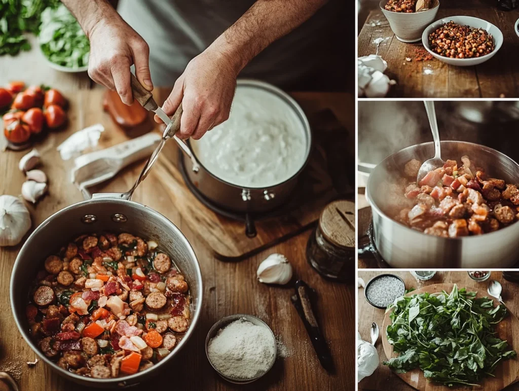 A detailed visual guide to making swamp soup, from browning the meat to simmering the creamy, hearty broth.