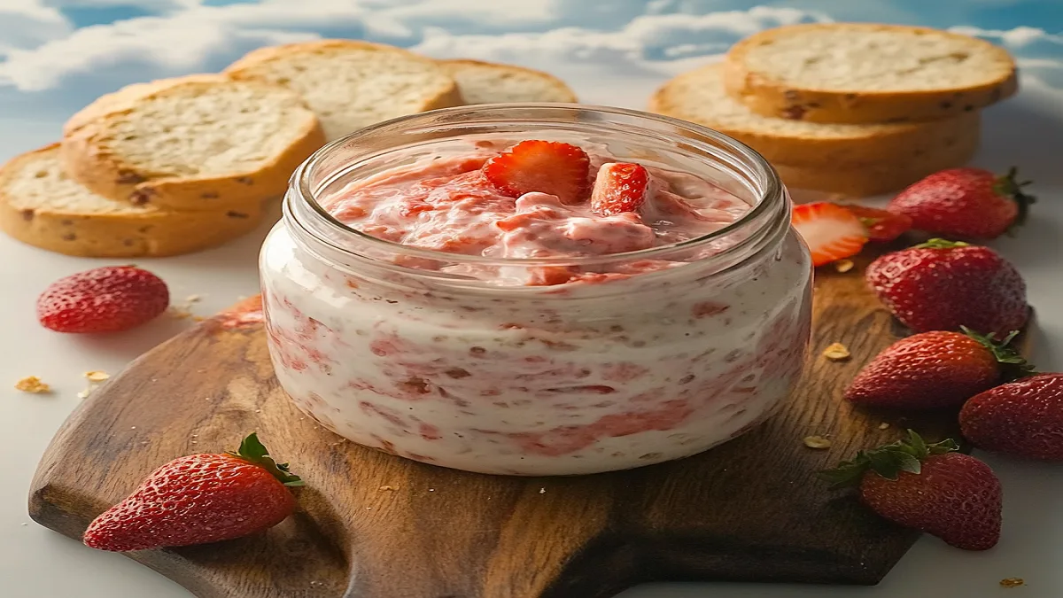 Creamy strawberry cream cheese swirled in a bowl