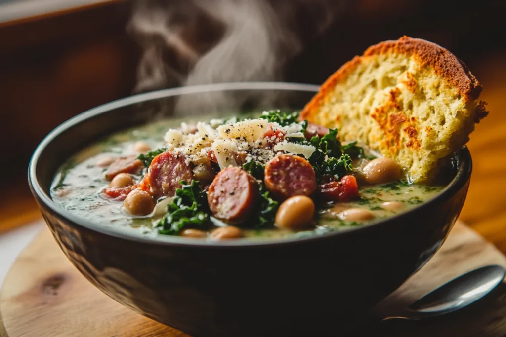 A bowl of swamp soup served with cornbread, a green salad, and a glass of sweet tea on a rustic wooden table.