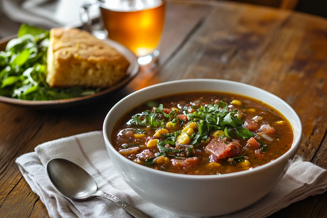 A bowl of swamp soup with sausage, beans, greens, and creamy broth, garnished with Parmesan cheese, served with cornbread on a wooden table.