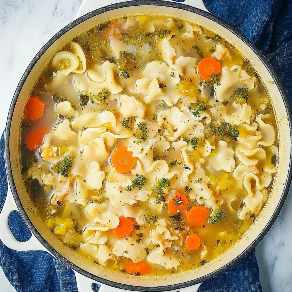 Vegan chicken noodle soup with vegetables in a bowl.