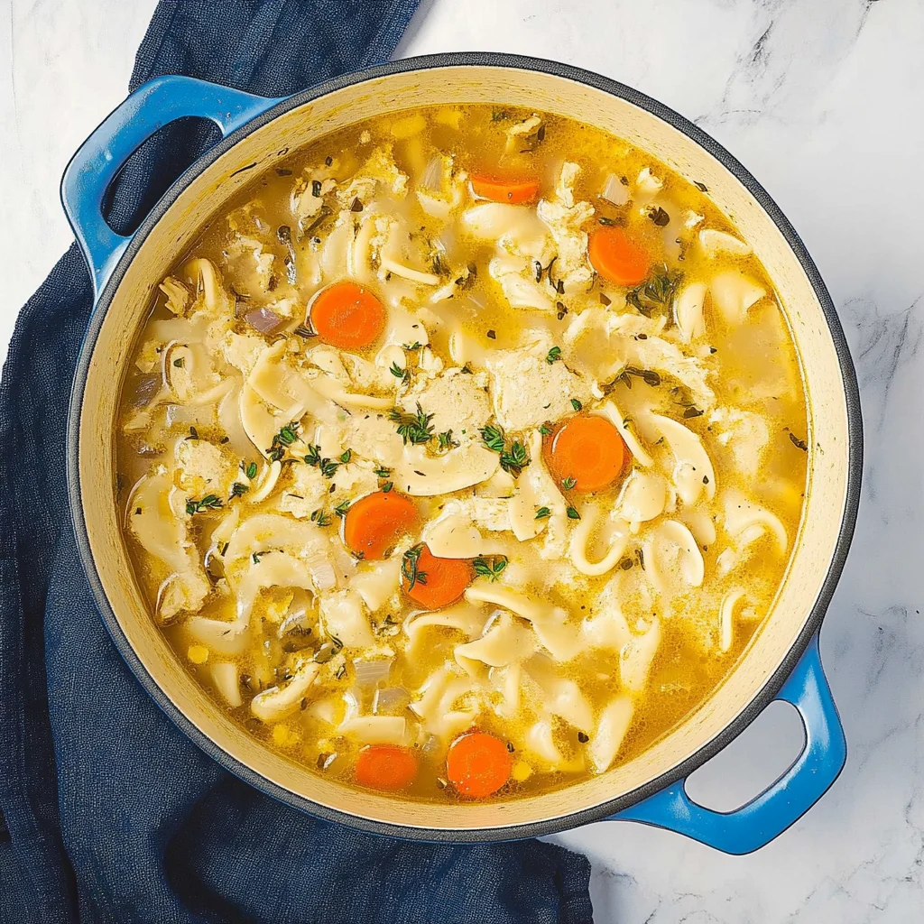 Vegan chicken noodle soup with vegetables in a bowl.