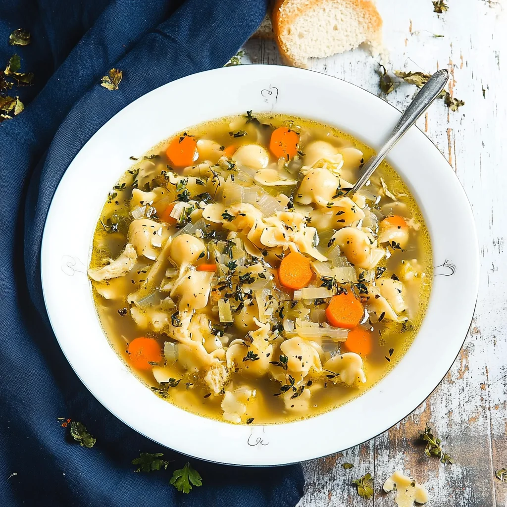 Vegan chicken noodle soup with vegetables in a bowl.