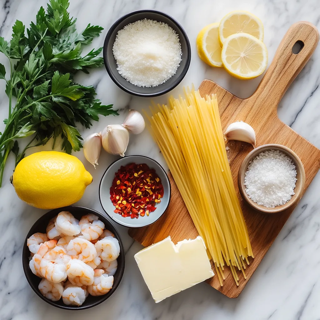 Fresh ingredients for cebolla ensalada recipe, including raw shrimp, linguine, garlic, butter, lemon, parsley, and Parmesan, on a marble countertop.