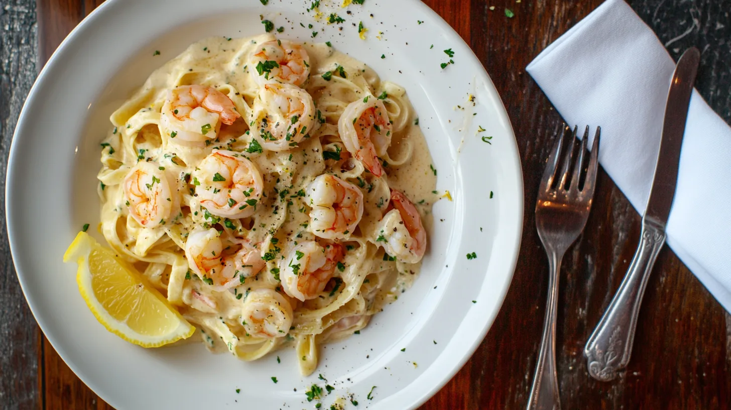 A plate of cebolla ensalada recipe with linguine, golden shrimp, and parsley garnish, served with a lemon wedge on a rustic wooden table.