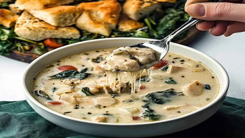 Warm bowl of creamy Chicken Florentine Soup with spinach and tender chicken.