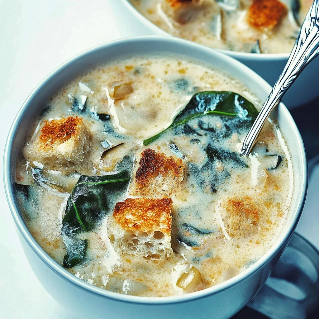 Warm bowl of creamy Chicken Florentine Soup with spinach and tender chicken.