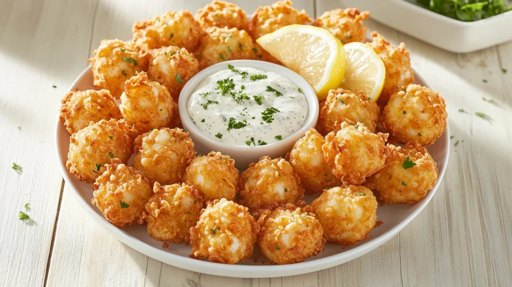 Golden-brown crab balls served with tartar sauce, lemon wedges, and garnished with parsley