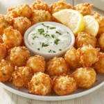 Golden-brown crab balls served with tartar sauce, lemon wedges, and garnished with parsley