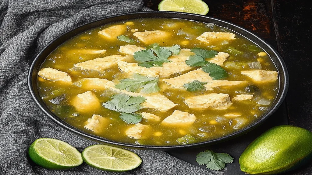 Bowl of green chili chicken soup garnished with cilantro and avocado